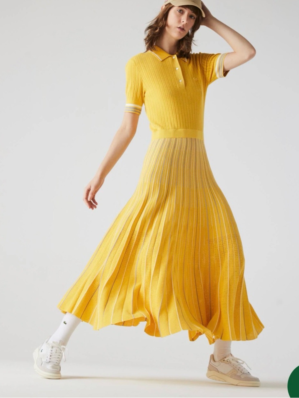 Lacoste Yellow Knit Polo Midi Dress with White Stripe Detail